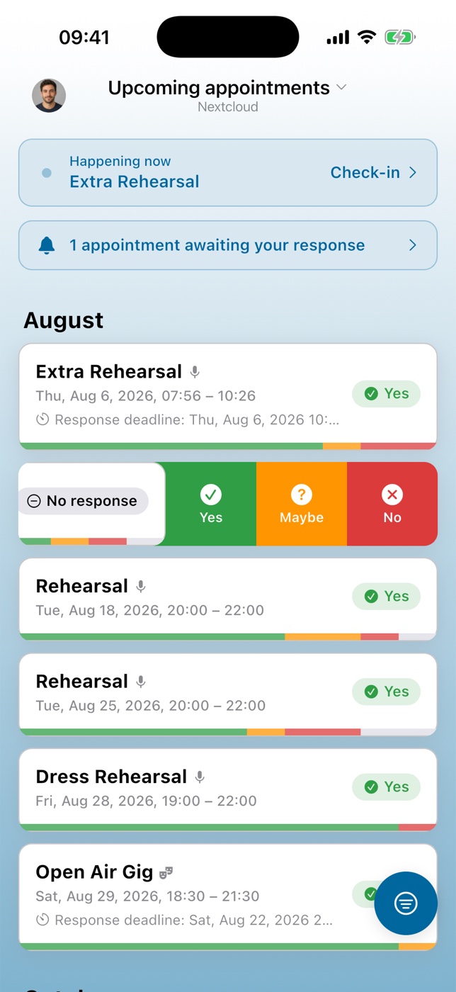 The appointment list in the Attendance app, one card swiped open to answer