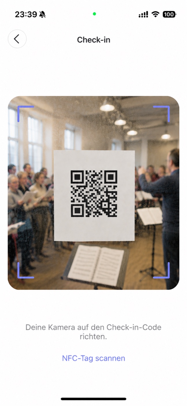 The app scanning the check-in code posted in the rehearsal room